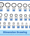 Do-It-Yourself Ready Circlip And E-Clip Kit With Snap Ring Plier Set And Tweezer, 312Pcs showing dimension drawing for C-clips M4-M28