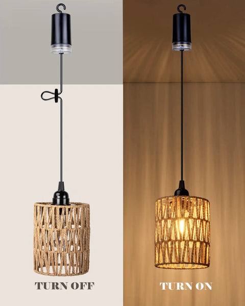 Totally Cordless Boho Rattan Battery Chandelier With A Super Chill Warm White Glow, Handwoven Hanging Pendant Light for decks, patios, or cozy indoors.