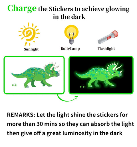 Glow In The Dark Dinosaur Wall Decals For Boys Room Pack Of 652 Pcs displaying charging instructions for glow effect