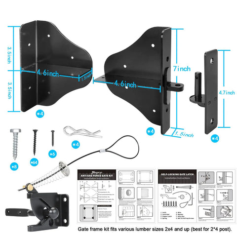 Diagram of Fence Gate Kit With 90 Degree Hinges And Anti Sag Support For Single Or Double Doors, showing dimensions and components.