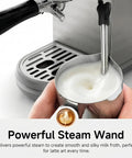 Pro Grade Espresso Machine With Milk Frother And Cappuccino Maker For Home Baristas Adjustable Temperature And Cup Size Built In Display Pressure Gauge Stainless Steel Body showing milk frothing.
