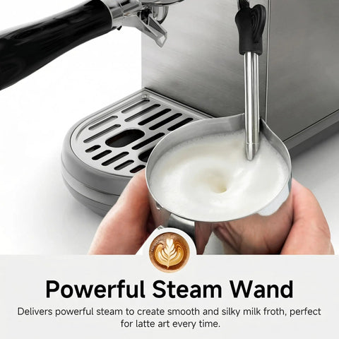 Pro Grade Espresso Machine With Milk Frother And Cappuccino Maker For Home Baristas Adjustable Temperature And Cup Size Built In Display Pressure Gauge Stainless Steel Body showing milk frothing.