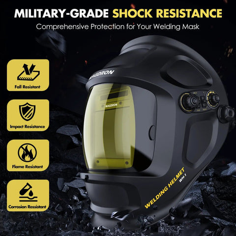 Auto Darkening Welding Helmet With Large Viewing Area 3.94 x 3.66 Inches, True Color Optical Clarity, showing side view features.