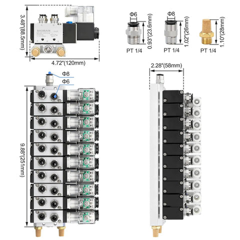 Diagram of Ten Station Solenoid Valve Manifold for Pneumatic Systems, 12V DC 5 Way 2 Position Air Valve with port measurements