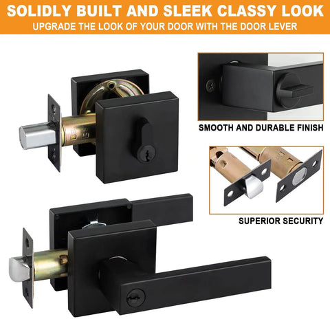 3 Pack Matte Black Front Door Lock Set with Heavy Duty Handles, Single Cylinder Deadbolt and Keyed Entry, Easy Install