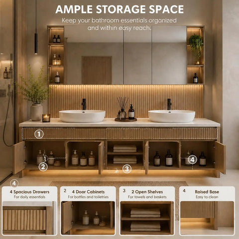 66 Inch Freestanding Double Sink Bathroom Vanity With Led Mirror And Textured Wood Finish Delivers Straight Up Top Tier Under Cabinet Lighting And Seriously Smooth Storage Vibes showing ample storage and modern design.