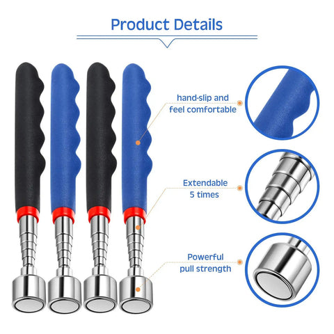 Extendable Magnetic Pickup Tool With 30 Inch Reach And 20 Lbs Magnetic Strength Cushioned Grip Telescoping Stainless Steel Grabber For Cars Garage And Home Improvement Blue And Black Set Of 4