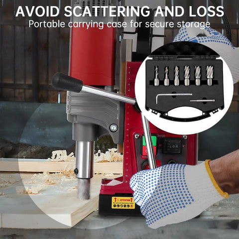 GarveeTech 1550W Magnetic Drill Press with portable carrying case for drill bits, ideal for secure storage and metalworking projects.