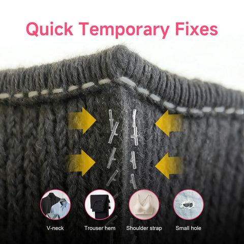 No Sew Stitch Gun for Clothes with 2000 Fasteners and 6 Needles to Fix Broken Hems and Straps on the Fly and Save Your Threads All Day Long without any Messy Needle Work Gonna Drive You Crazy on a gray hem with clips.