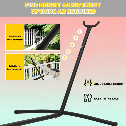Heavy Duty Hammock Stand For Indoor And Outdoor Use, 650 Lbs Capacity, 9 Foot Long With Portable Carrying Case showing height adjustment options
