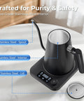 Gooseneck Electric Kettle With Precise Temperature Control Pro Grade 1L 1200W Fast Heating 24 Hour Keep Warm Auto Memory For 30 Minutes Food Grade Stainless Steel Pour Over Kettle For Coffee And Tea, showing stainless steel interior, spout, and lid.