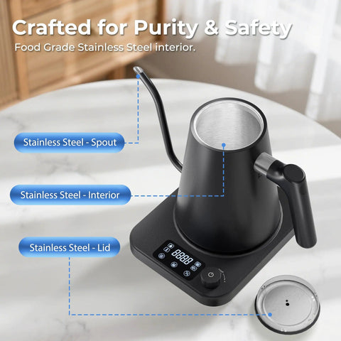 Gooseneck Electric Kettle With Precise Temperature Control Pro Grade 1L 1200W Fast Heating 24 Hour Keep Warm Auto Memory For 30 Minutes Food Grade Stainless Steel Pour Over Kettle For Coffee And Tea, showing stainless steel interior, spout, and lid.