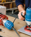 Stainless Steel Router Lift And Table Insert Plate Featuring Rock Solid Four Jaw Clamping Plus Quick Spin Crank Handle in use with router.