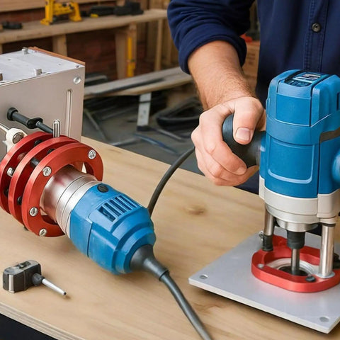 Stainless Steel Router Lift And Table Insert Plate Featuring Rock Solid Four Jaw Clamping Plus Quick Spin Crank Handle in use with router.