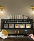 Battery Operated Wall Sconce Set Of Two With Remote Dimmable Wireless Cordless Gold Wall Lights over a bedroom scene.