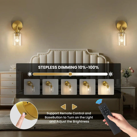 Battery Operated Wall Sconce Set Of Two With Remote Dimmable Wireless Cordless Gold Wall Lights over a bedroom scene.