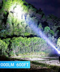 Person using Rechargeable Tactical Flashlight With Magnetic Base And COB Work Light Ultra Bright LED Beam in forest at night