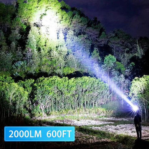 Person using Rechargeable Tactical Flashlight With Magnetic Base And COB Work Light Ultra Bright LED Beam in forest at night