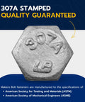 Hex head bolt with '307A' stamp for Heavy Duty Lag Screw Kit Quarter Inch By One And One Half Inch Lag Screws With One Hundred Flat Washers Hot Dip Galvanized For Outdoor Wood Projects Meets ASTM A307 ASME B18 2 1 Industrial Commercial Grade.