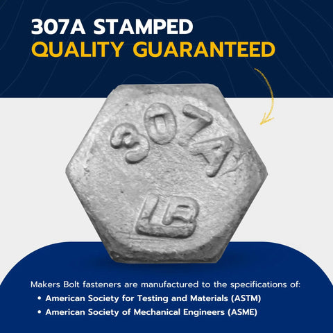Hex head bolt with '307A' stamp for Heavy Duty Lag Screw Kit Quarter Inch By One And One Half Inch Lag Screws With One Hundred Flat Washers Hot Dip Galvanized For Outdoor Wood Projects Meets ASTM A307 ASME B18 2 1 Industrial Commercial Grade.