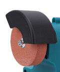 Close-up of Jeffergarden 18V Cordless Mini Bench Grinder With Dual Batteries 70mm grinding wheel and protective cover.