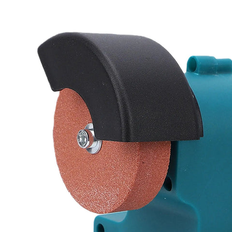 Close-up of Jeffergarden 18V Cordless Mini Bench Grinder With Dual Batteries 70mm grinding wheel and protective cover.
