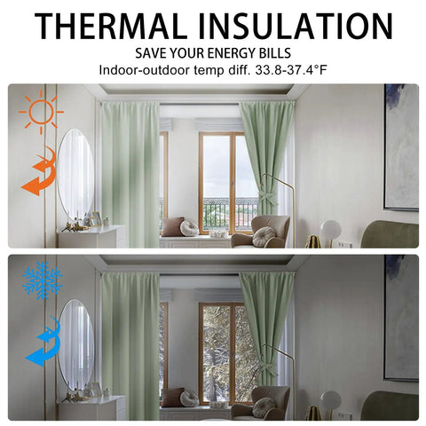Extra Wide 70x63 Inch Blackout Curtains Set Of 2 Panels With Tiebacks Rod Pocket Thermal Insulated Room Darkening Drapes For Bedroom And Sliding Doors Light Green Color No Fuss Install Privacy And Light Control in a modern living room.