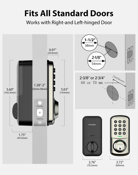 Diagram of Keyless Entry Door Lock With Keypad For Front, Bedroom, And Garage, Auto Lock, 1-Touch Motorized Locking, dimensions shown.