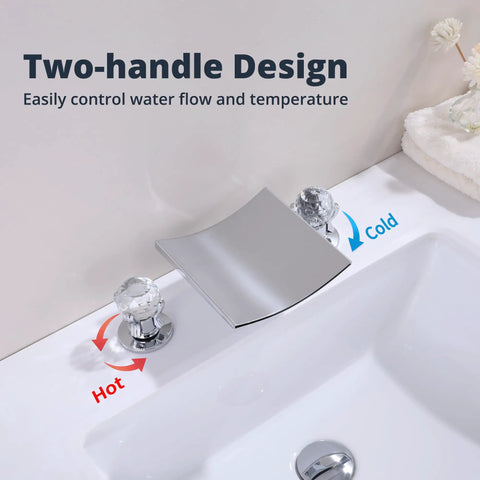 Waterfall Bathroom Faucet For 8 Inch Widespread 3 Hole Vanity Deck Mount With Two Crystal Handles, Stainless Steel Polished Chrome Finish
