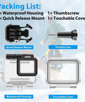 Packing list with GoPro Hero 7 6 5 Waterproof Housing Case With Touchable Cover Bombproof 196ft 60m Submersible Shell parts