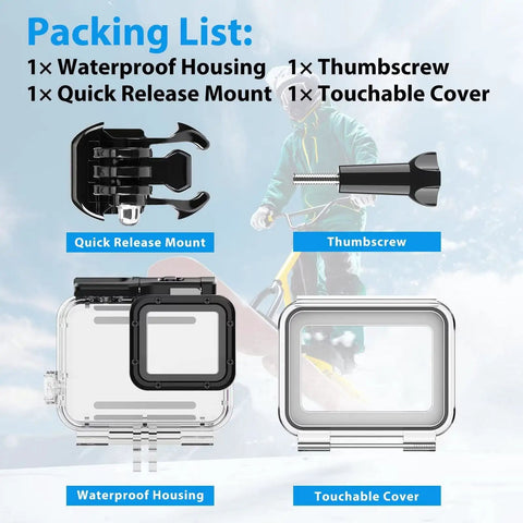 Packing list with GoPro Hero 7 6 5 Waterproof Housing Case With Touchable Cover Bombproof 196ft 60m Submersible Shell parts