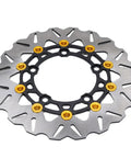 Drop In 300Mm Front Brake Disc Rotor With Stainless Steel Floating Design And Wavy Cooling Ribs For Rock Solid Stopping Power On 2017 To 2025 Dirt Bikes Featuring Cnc Aluminum Hub In Gold, angled view.