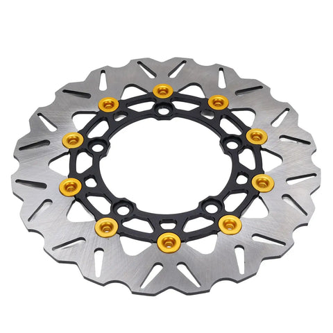 Drop In 300Mm Front Brake Disc Rotor With Stainless Steel Floating Design And Wavy Cooling Ribs For Rock Solid Stopping Power On 2017 To 2025 Dirt Bikes Featuring Cnc Aluminum Hub In Gold, angled view.