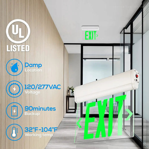 Green LED Edge Lit Emergency Exit Sign With Battery Backup No Fuss UL 924 Double Sided Rotating Acrylic Panel in office setting