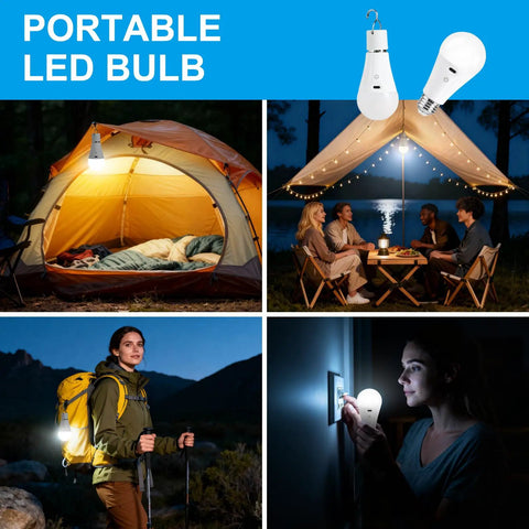 Rechargeable A19 Light Bulbs With Remote Control And USB Charging, Dimmable Battery Powered Bulbs With 3 Color Modes, used in camping tents and outdoors.