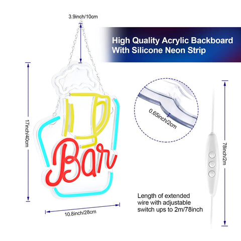 Neon Bar Sign For Home Bar With Adjustable Brightness LED Beer Sign USB Powered Wall Decor dimensions and details.