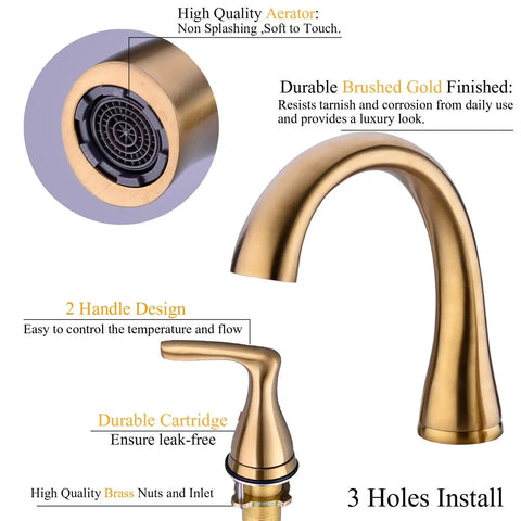Detailed components of Two-Handle 8-Inch Gold Widespread Bathroom Faucet With Pop-Up Drain, Brushed Gold Finish, Three-Hole Basin Mixer