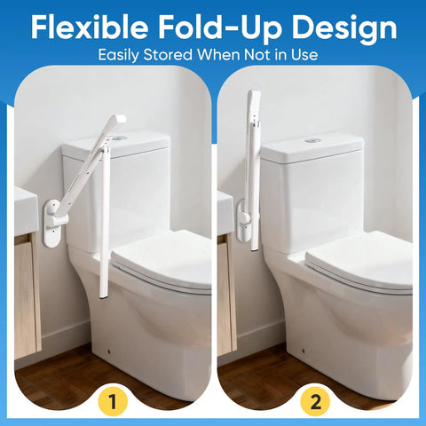 Premium 26 Inch Flip Up Toilet Grab Bar With Sturdy Support Leg And Glowing Night Strips For Non Slip Rock Solid Wall Mounted Bathroom Safety Gear in folded and unfolded positions.