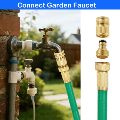 Solid Brass Garden Hose Quick Connectors Kit With Three Quarter Inch GHT Thread, Leak Free No Fuss Male And Female Fittings shown on faucet