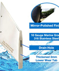Beefed Up 316 Stainless Steel Skeg Guard For MerCruiser Bravo One And Three Sterndrives, reflecting mirror finish and drain hole.