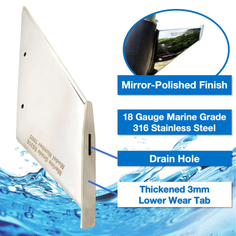 Beefed Up 316 Stainless Steel Skeg Guard For MerCruiser Bravo One And Three Sterndrives, reflecting mirror finish and drain hole.