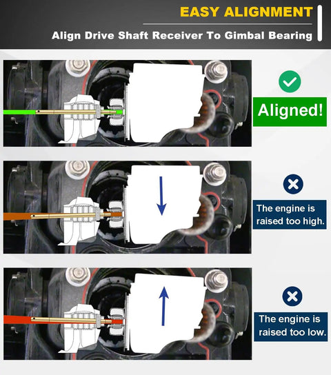 Diagram showing Gimbal Bearing Alignment Tool And Driver Kit For Marine Sterndrive Engines Fits Alpha Gen 1 2 Alpha 1 MR Bravo OMC Cobra Volvo A Real Handy Gear For Precise Alignment Before And After Gimbal Bearing Install with correct, too high, and too low alignment positions.