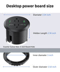 Slick Flush Mount Desk Power Hub With Two AC Outlets And Four Quick Charge Ports Including Dual PD 20W Type C Plugs detailed size dimensions