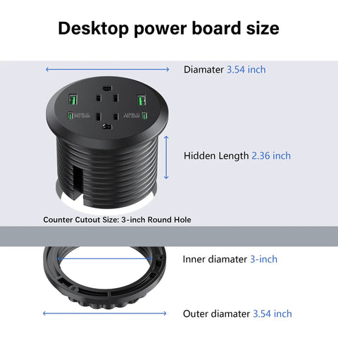 Slick Flush Mount Desk Power Hub With Two AC Outlets And Four Quick Charge Ports Including Dual PD 20W Type C Plugs detailed size dimensions