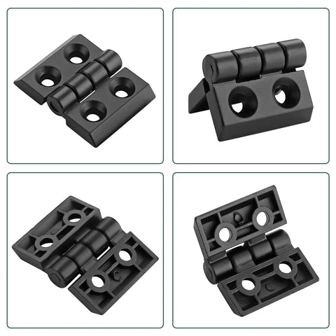 4 Piece Zinc Alloy Hinge For M4 2020 Aluminum Profile Extrusion With 180 Degree Adjustable Swing Includes 16 M4 Groove Nuts 16 M4x10 Screws And 3mm Wrench All In One Hardware Kit For Quick DIY Install, black hinge close-up