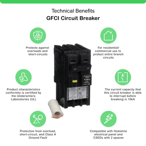 Front view of HOM230GFIC Homeline 30 Amp GFCI Circuit Breaker Two Pole 120 240 Volt AC Plug In Mount with technical benefits.