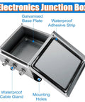 Open view of Weatherproof Junction Box For Wall Mount Tough As Nails Built To Last Heavy Duty 304 Stainless Steel Enclosure with three cable glands.