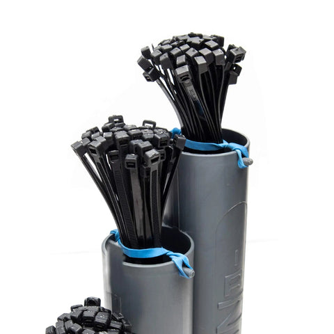 Magnetic Base Cable Tie Organizer With 250 Zip Ties And Cutter displaying black zip ties in holders