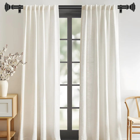 Heavy Duty Black Matte Curtain Rods Three Quarters Inch Adjustable 36 To 88 Inches Square Finials in modern living room