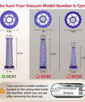 Comparison of vacuum filter sizes for DC41, DC40, DC50 models with instructions on checking model number on the label.